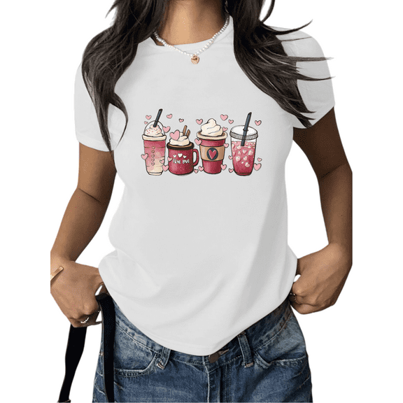Women's White Print Tshirt Graphic Tees Valentine's Day Coffee Drinks Pattern Shirts S-5XL Casual Daily Tops