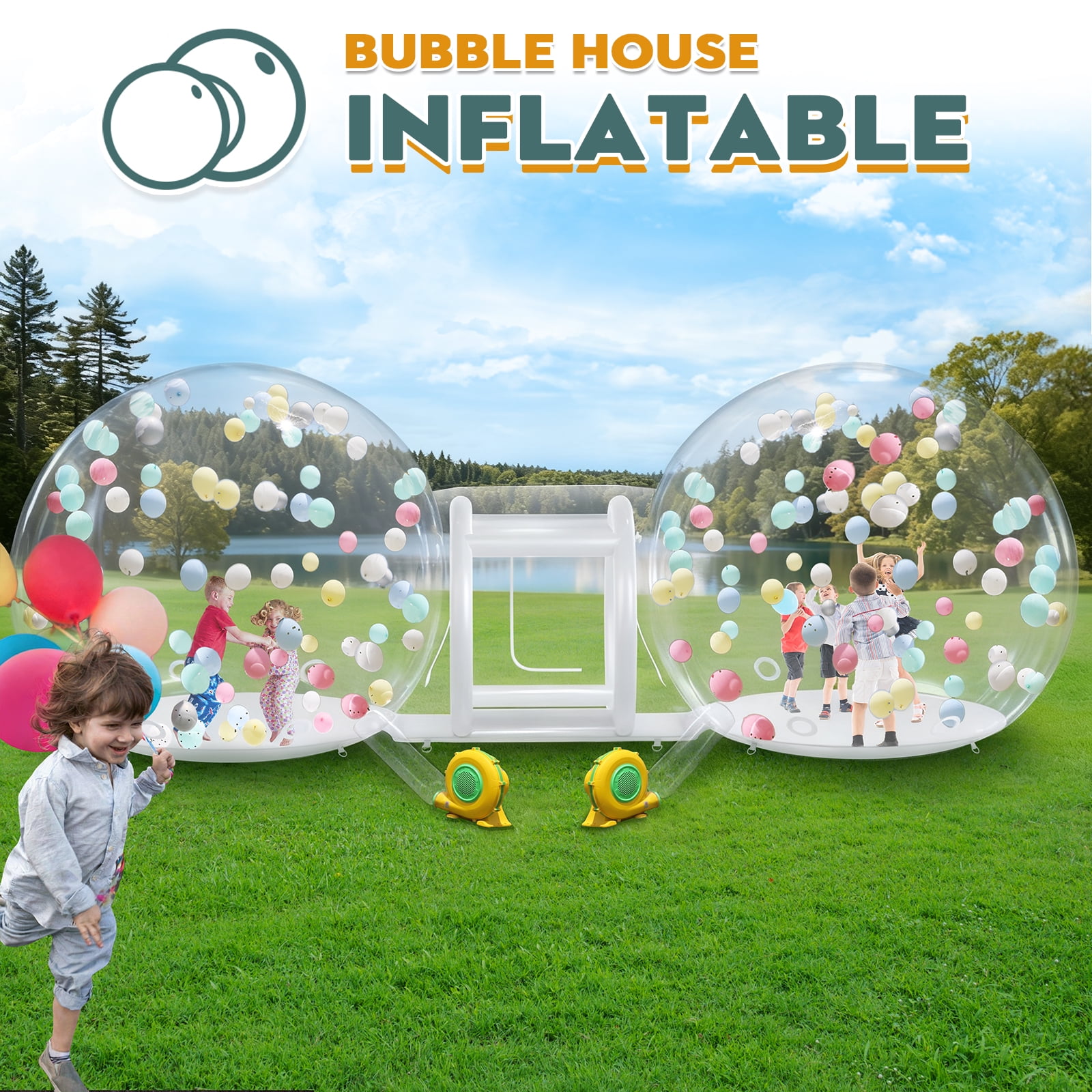 Vakiorn Double Inflatable Bubble House Dual Dome with 750W and 550W Air Blowers and Pump for Birthday Wedding Christmas Party
