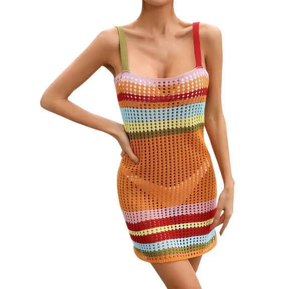yillto Women Coverups Spaghetti Strap Beach Dress Crochet Hollow out Bikini Knit Dress Summer Swimsuit Suit