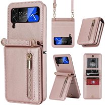 Phone Case for Samsung Galaxy Z Flip 3 5G 2021 Wallet Cover with Credit Card Holder Zipper Slot Crossbody Strap Lanyard Leather Stand Cell Accessories ZFlip3 Z3 Flip3 3Z Women Girls Rose Gold