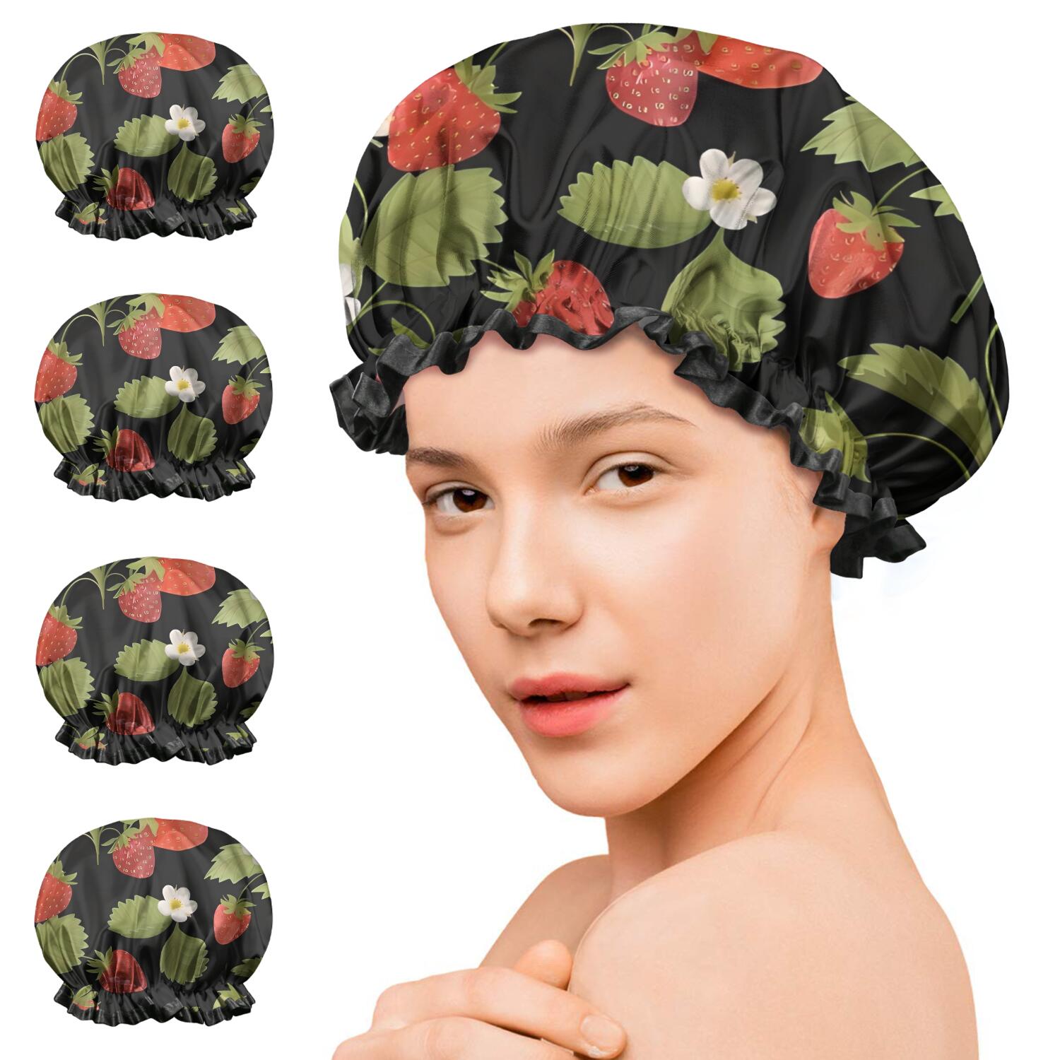 Shower Caps,Red Strawberry Plants Fruit Leaf Black Pattern Waterproof Shower Cap for Women 4 Pieces,Double Reusable Hair Cover for Shower PEVA Elastic Stretch Hem