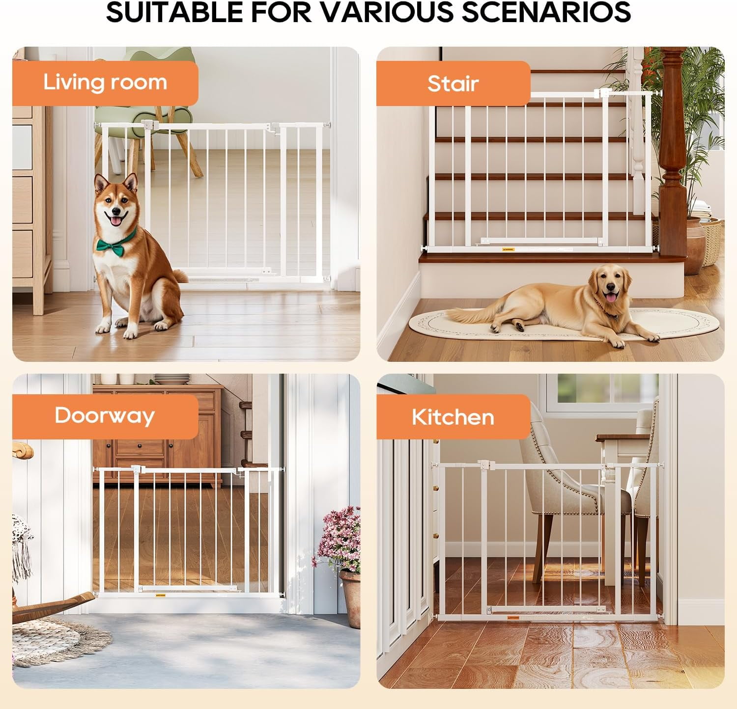 Dkelincs 30"Tall Dog Gate for Doorways & Stairs, Walk-Through Metal Pet Gates Adjustable Safety Gates Fits 28"-40"Wide Opening, White