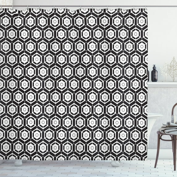 Geometric Shower Curtain, Monochrome Illustration of Repetitive Futuristic Modern Motif Pattern, Fabric Bathroom Set with Hooks, 69W X 75L Inches Long, Charcoal Grey White, by Ambesonne