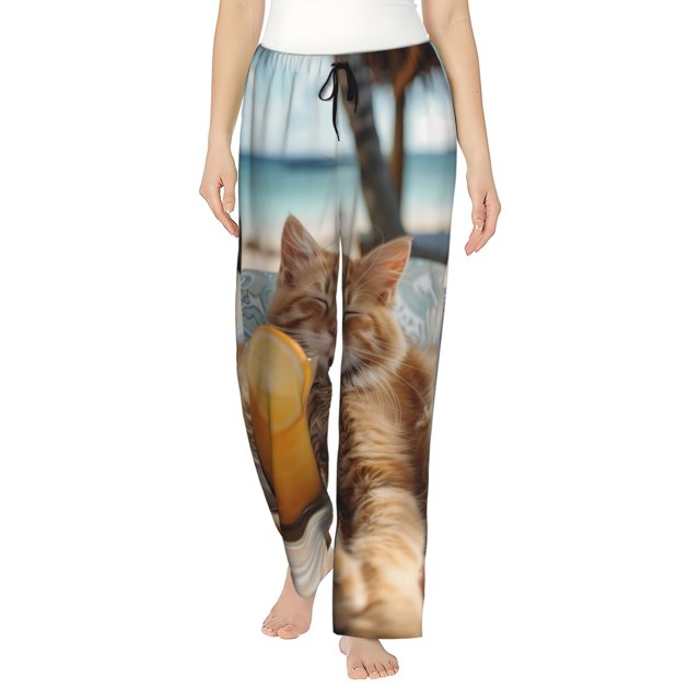 Balery Relaxing Cat With Orange Juice Pantalones de pijama para mujer, pijamas ultraligeros, pantalones de estar por casa-Large