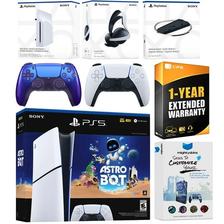 Sony PlayStation 5 Astro Bot Slim Digital Bundle with Disc Drive, Pulse Elite Headset, Extra Controller, Vertical Stand, MightySkins Voucher and 1 Year Extended Warranty - Chroma Indigo