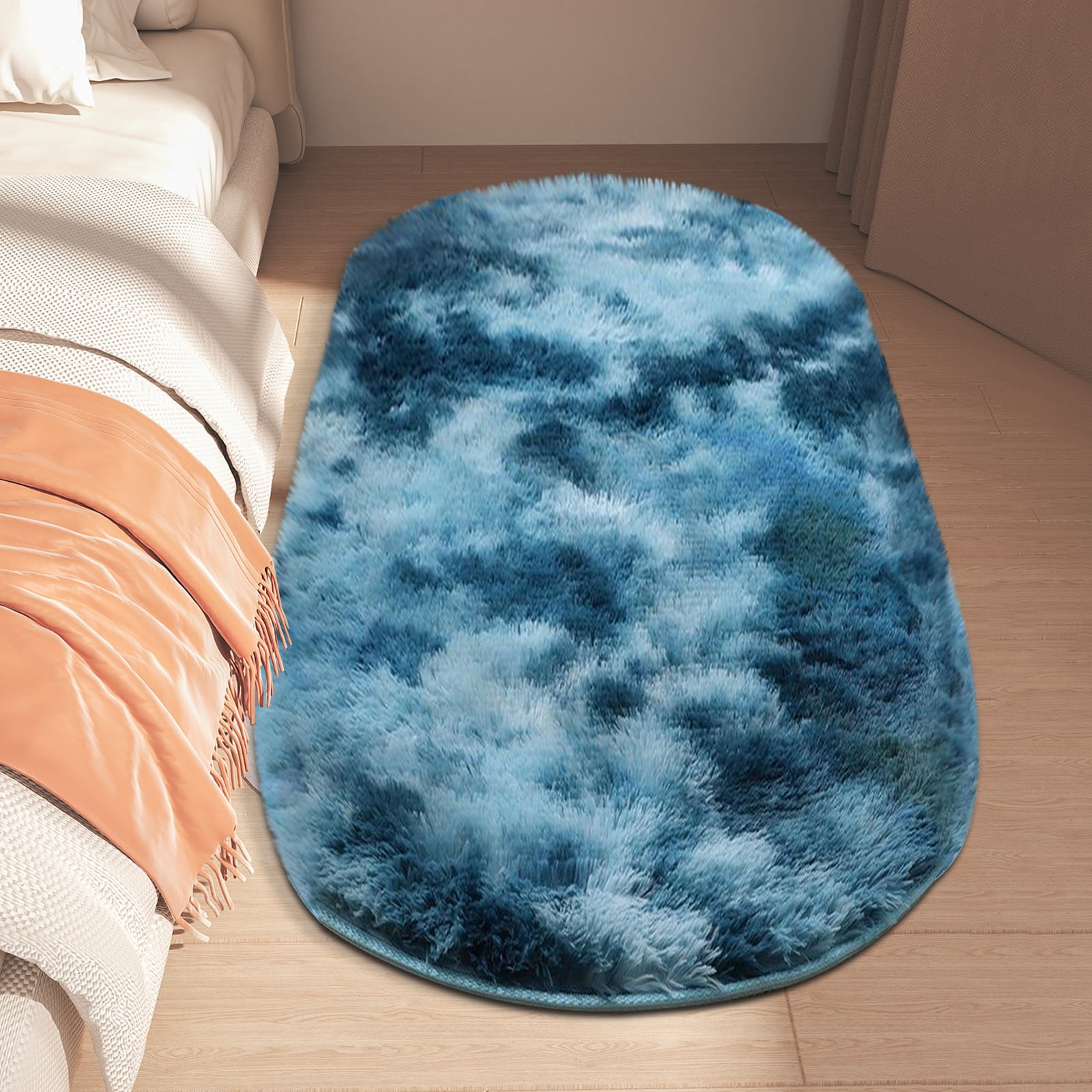 Hmgxay Tie-Dye Washable Silk Rug, 24"x63" Non-Slip Oval Bedroom Carpet, Fade-Resistant Floor Mat for Girls' Room, Living Room & Office Decor(Navy)
