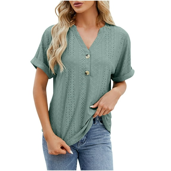 Scyoekwg Summer Short Sleeve Tops for Women Button V Neck Eyelet Shirts Loose Lightweight Solid Color Trendy Blouses (Green,XL)