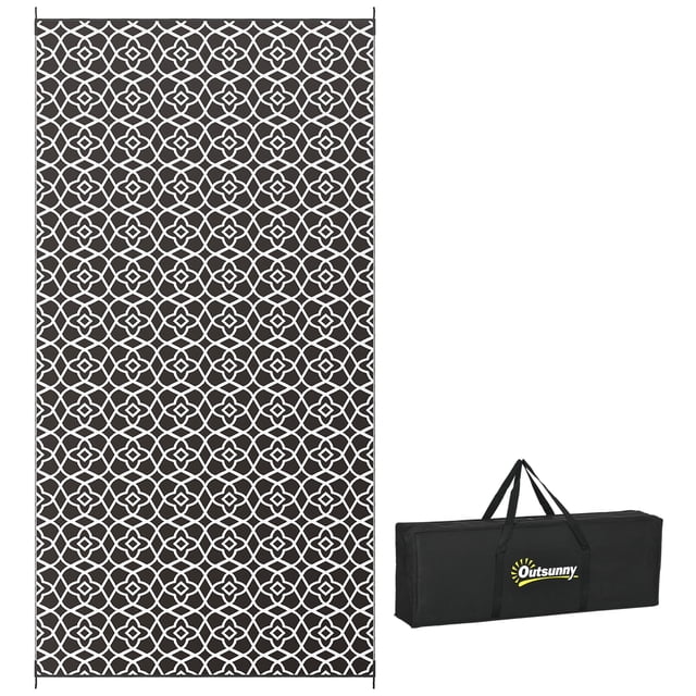 Outsunny Waterproof Outdoor Rug w/ Carry Bag, 9' x 18', Black White Clover