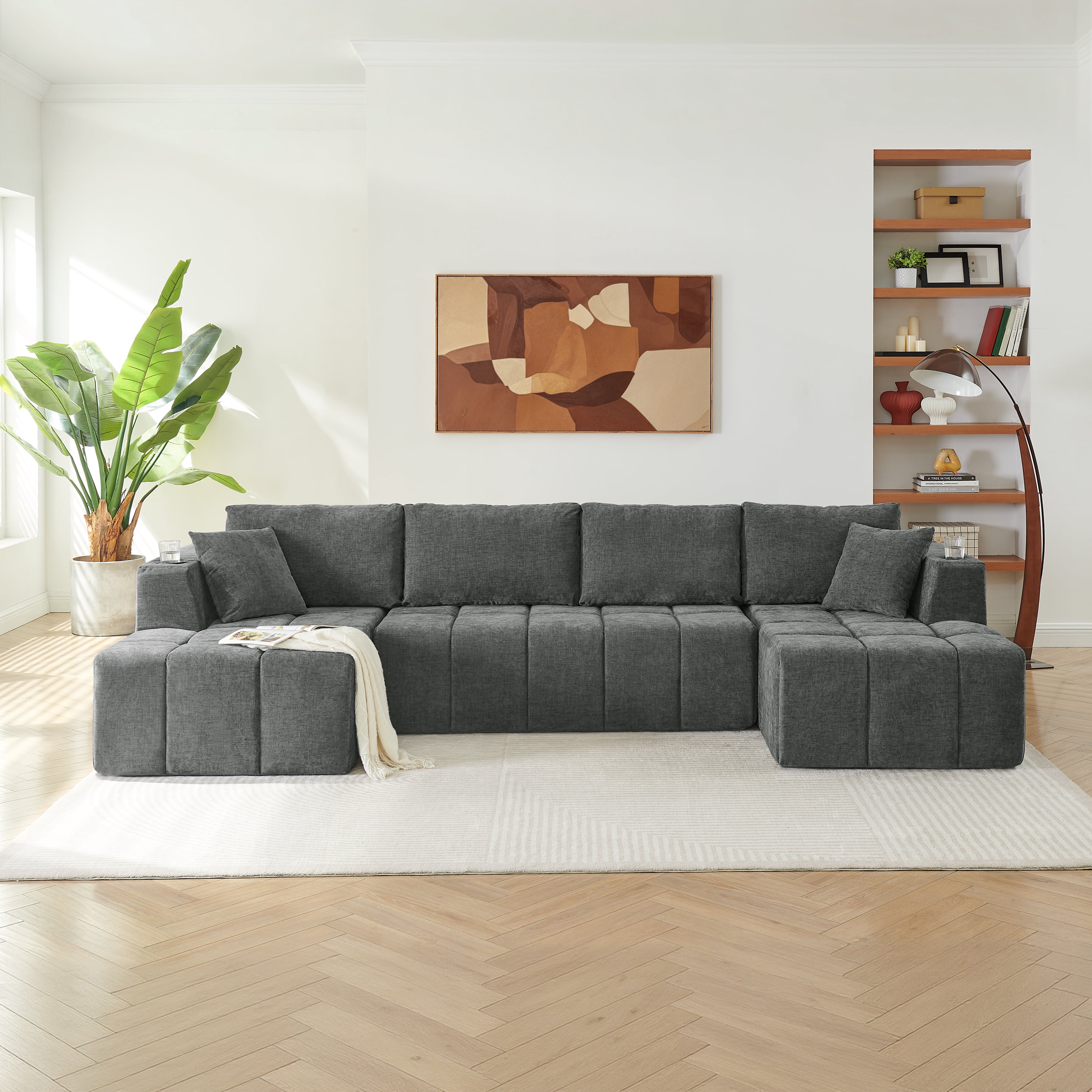 Howcool 132" U-Shaped Modular Cloud Couch, Oversized Deep Seat Chenille Sectional Sofa with Double Chaise, Boneless Comfy Couch with Cup Holders & Side Pockets, No Assembly Required,Dark grey