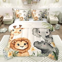 Feelyou Kawaii Lion King Bedding Comforter Set 7pcs, Cute Giraffe Elephant King Bedding Sets, Cartoon Animal Theme EReversible Bed Sheets, Ultra Soft Bedroom Decor