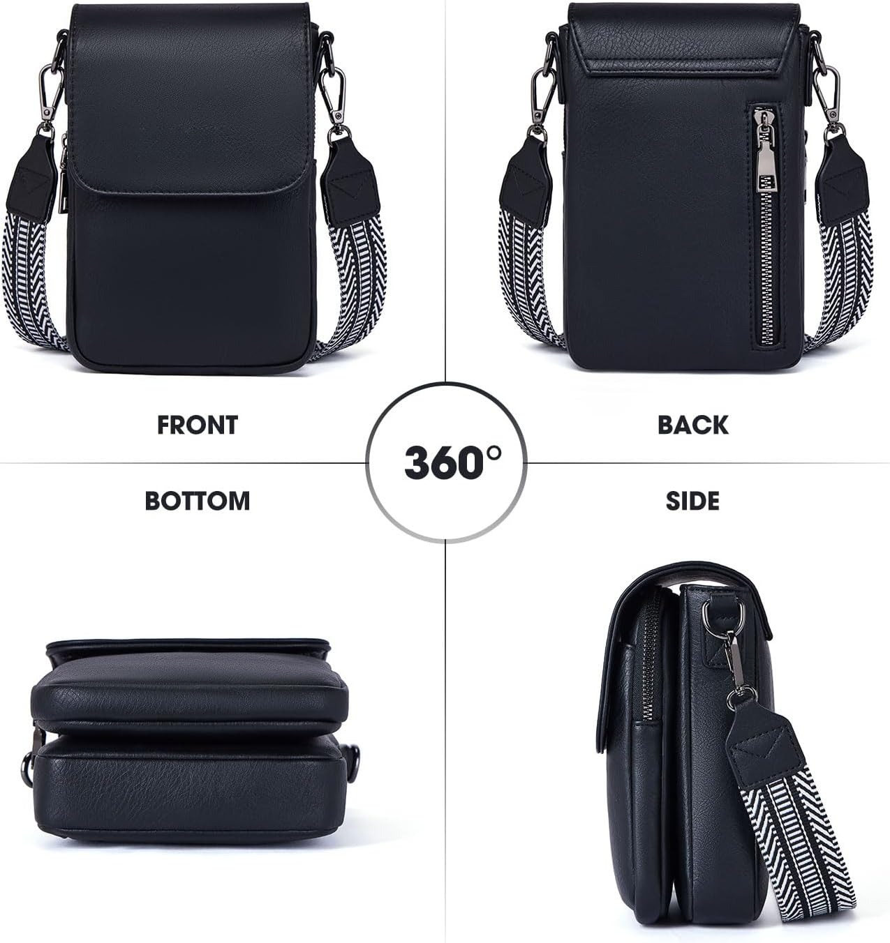 Kwuty Small Crossbody Bags for Women Trendy,Leather Triple Compartment Cell Phone Crossbody Wallet Purses with Card Slots（Black）