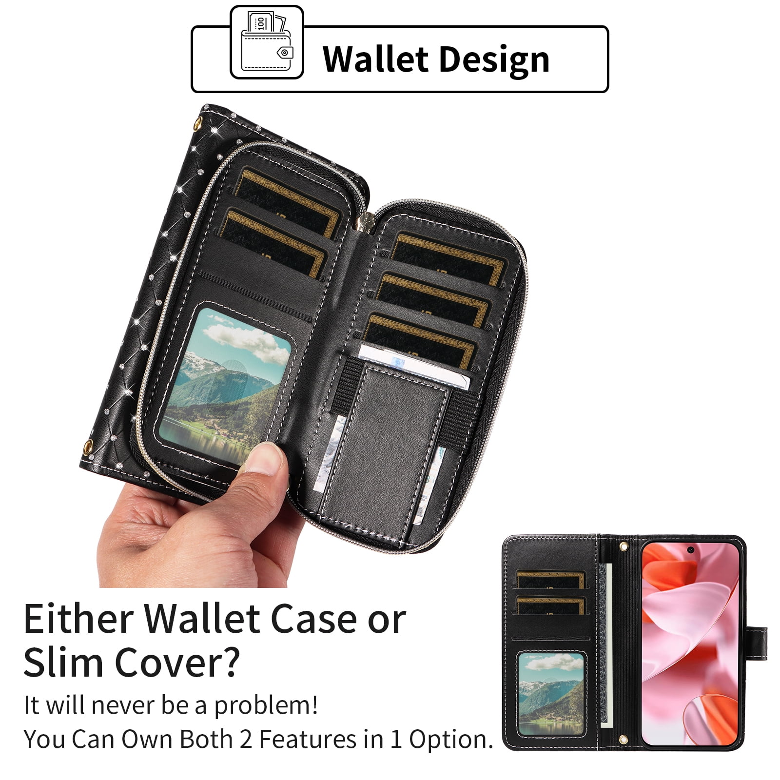 Asuwish Wallet Phone Case for Google Pixel 9/10/9Pro/10pro 5G Tempered Glass Screen Protector Bling Glitter Crossbody Lanyard Strap Flip Zipper Purse Card Holder Cell Cover Pixel9 Pixel10 Women Black