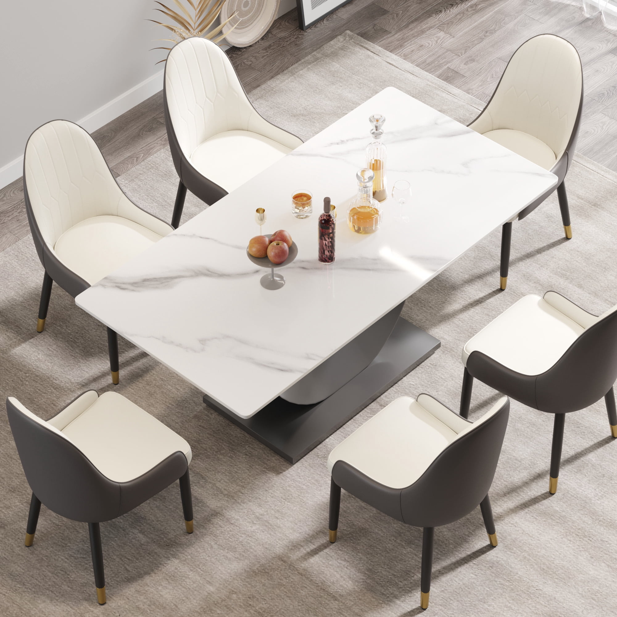 Magic Home 71" Light Luxury Sintered Stone Dining Table,Slate Rectangular Tabletop with Stainless Steel Base,Dining Table for 6 Person for Dining Room, White Tabletop