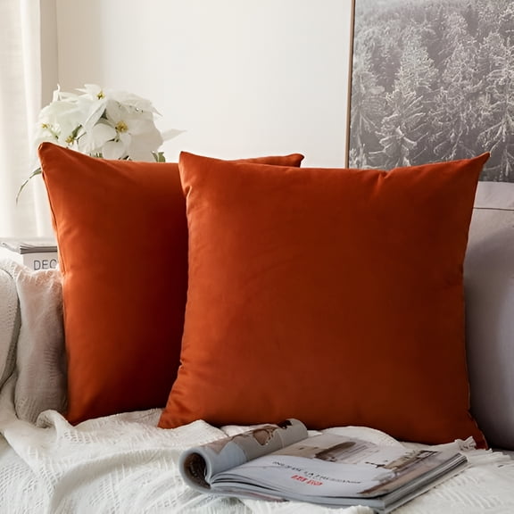 AUQ Pack of 2 Burnt Orange Velvet Throw Pillow Covers 16X16 Inch Soft Solid Decorative Square Set Fall Cushion Case for Couch Sofa Bedroom
