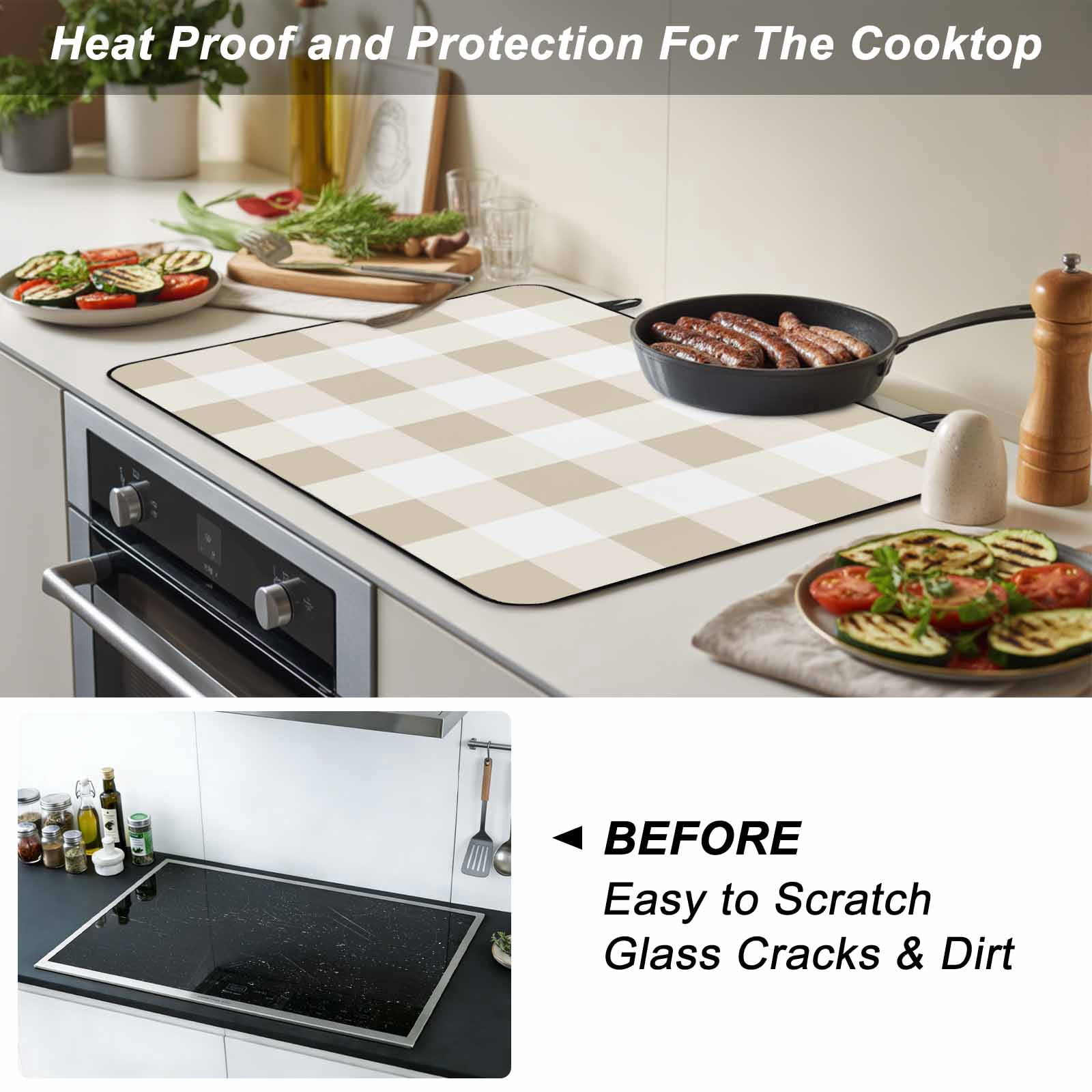 Beige Plaid Stove Top Cover for Electric Stove, Heat-proof & Non Slip Glass Top Stove Cover Protector, Spring Summer Farmhouse Buffalo Checkered Kitchen Flat Cooktop Rubber Mat 24x21 Inches
