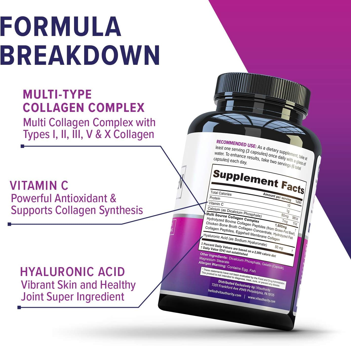 Vitauthority Multi Collagen Peptides Dietary Supplement Capsules, Hydrolyzed Collagen Vitamin Pills with Vitamin C and Hyaluronic Acid, 180 Count