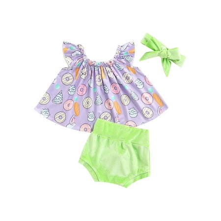 

Yinyinxull Toddler Baby Girls 3Pcs Easter Outfits Fly Sleeve Dessert Print Tops+Bunny Tail Shorts+Headband Set Purple Green 0-6 Months