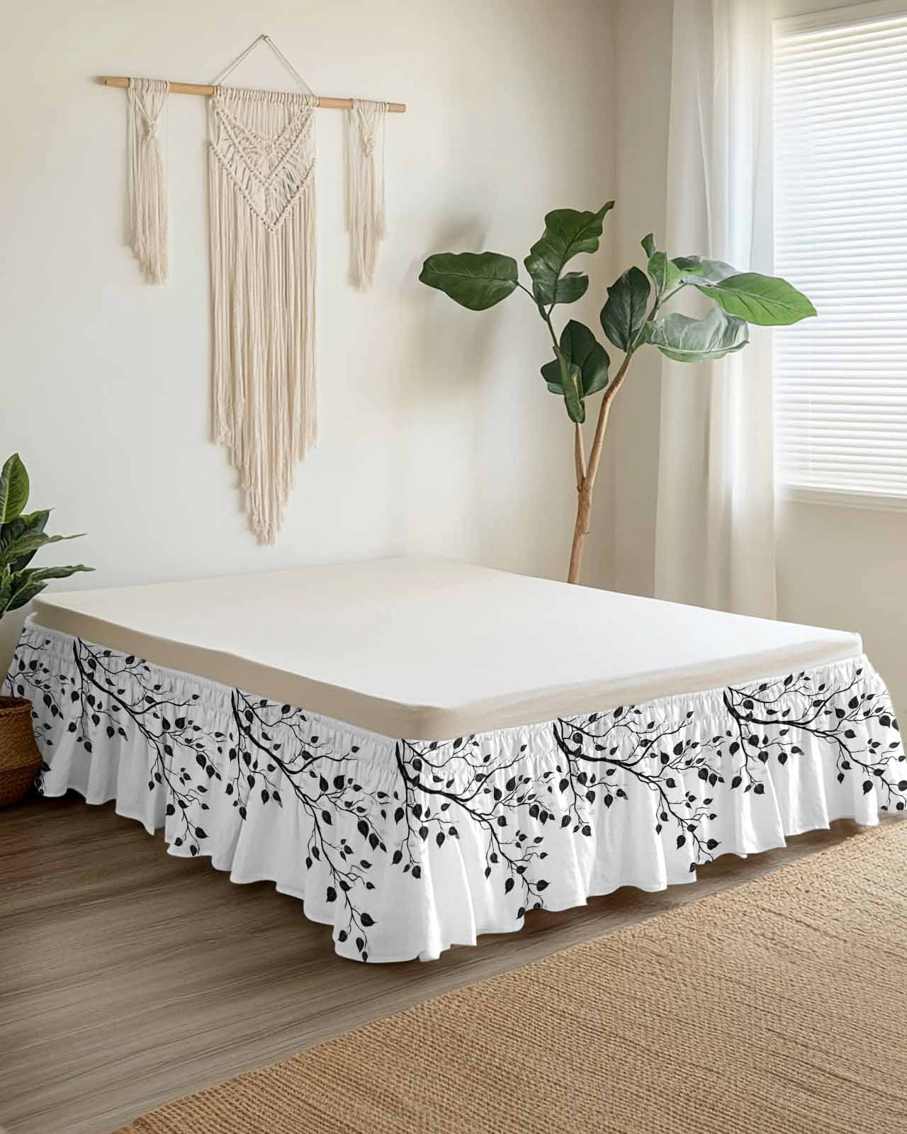 Black Botanical Wrap Around Bed Skirts for Queen Bed 18" Drop, Bed Skirt with Adjustable Elastic Belt Dust Ruffle Bed Valance for Bedroom Hotel Luxury Watercolor Summer Botanical Bed Frame Cover