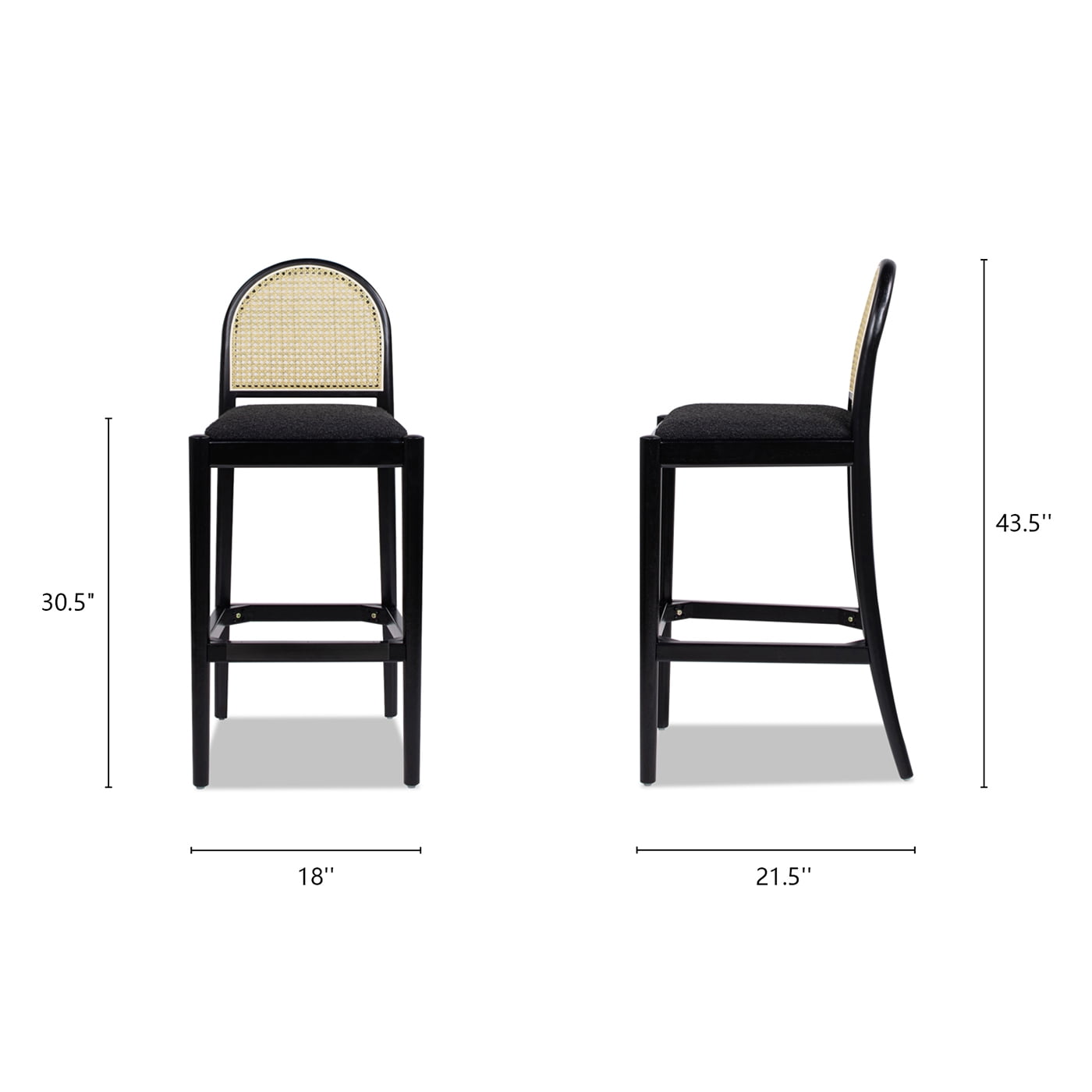 Panama 30.5" Curved Back Cane Rattan Set of 2 Bar Stools in Ebony Black Boucle