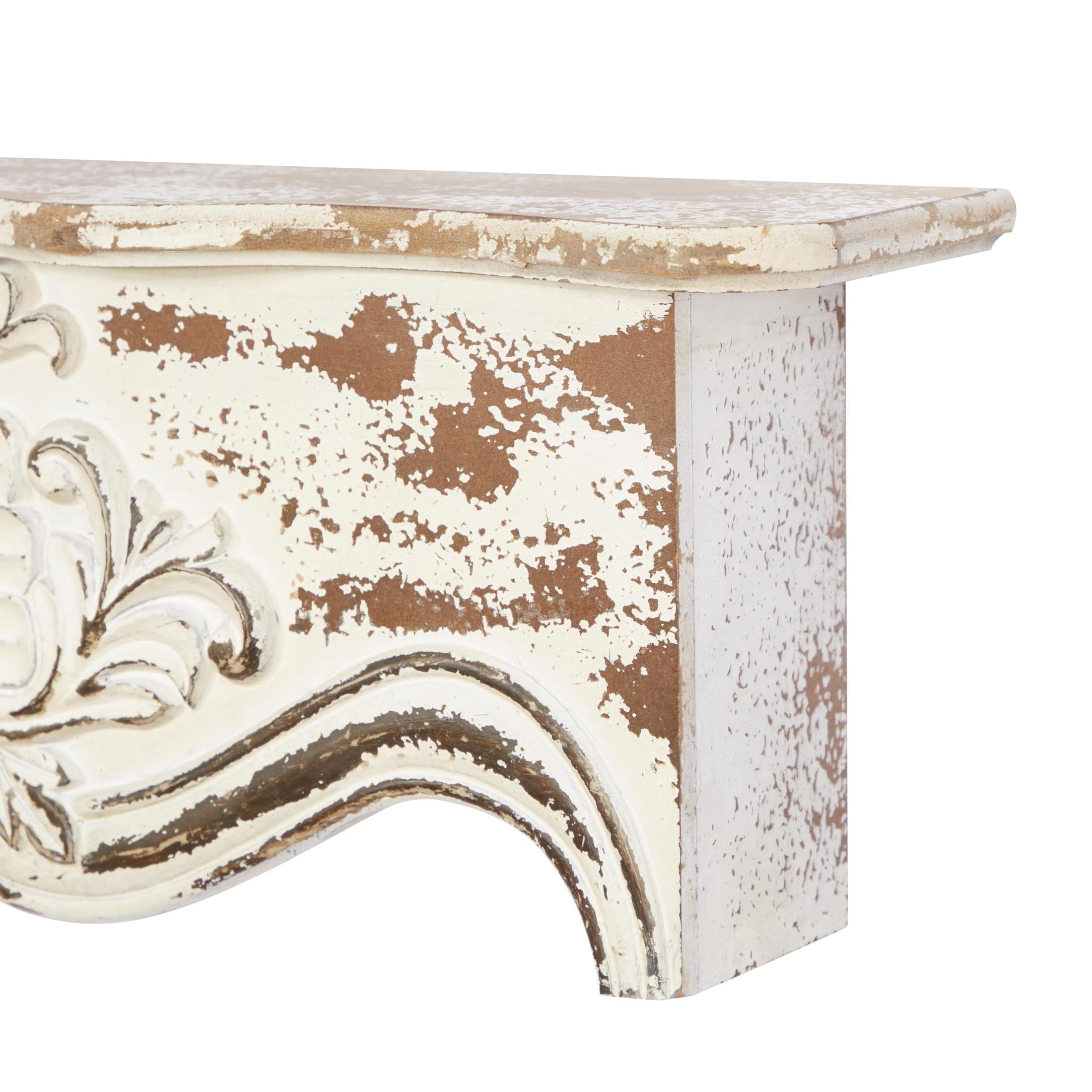DecMode 28" x 6" Distressed 1-Tier White Scroll Wall Shelf