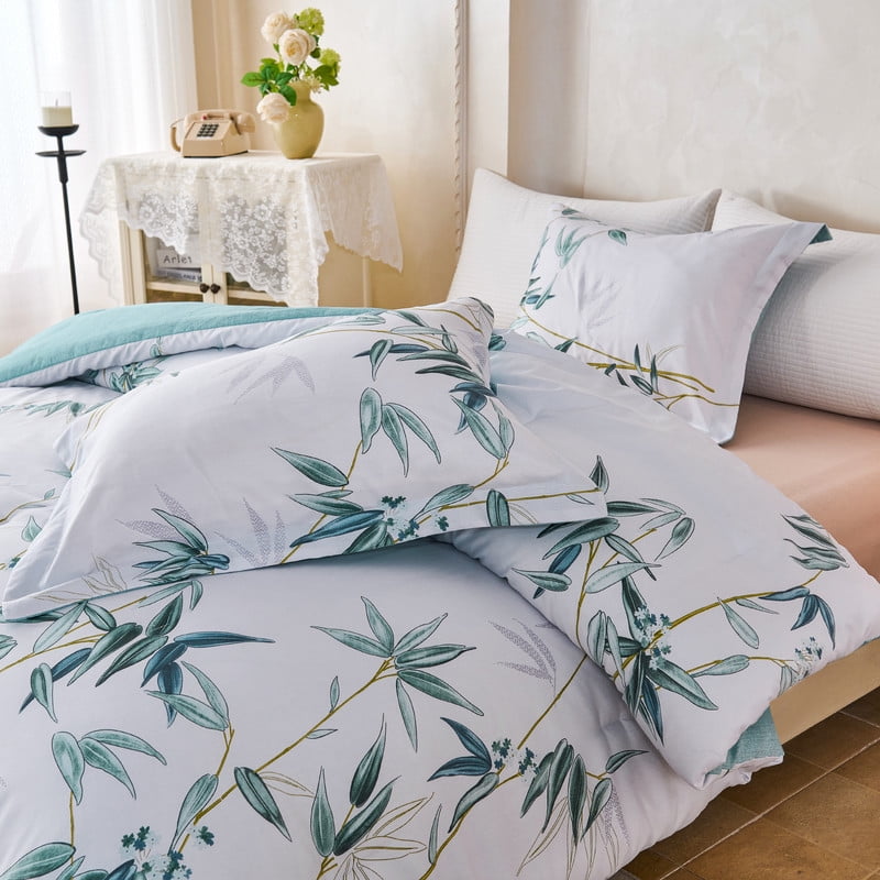 Koniroom 3Pcs Green Comforter Set Queen Size– Reversible Microfiber Bamboo Botanical Bedding in Mint & White