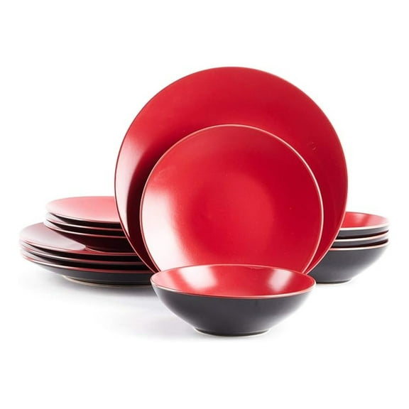 Stoneware Dinnerware Set, 12pc Two-Tone Coupe Shape - Black & Red Dinner Set for 4, Dishwasher Safe, Microwave Safe