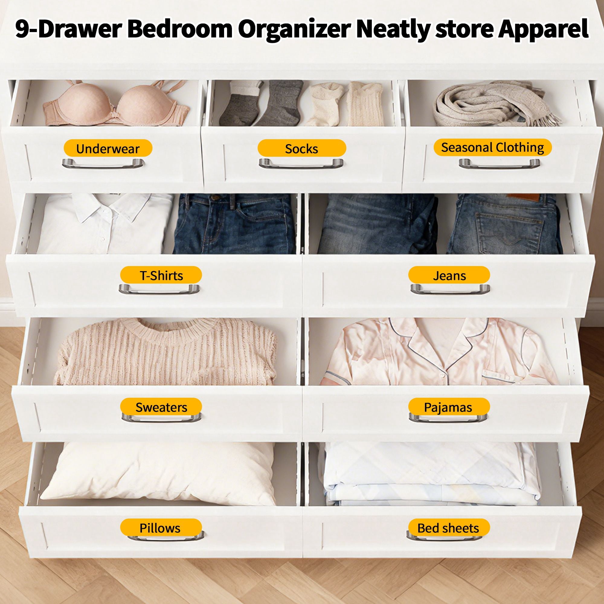 9-Drawer Tall Dresser, Metal Storage Cabinet with Smooth Gliding Drawers, Space-Saving Chest of Drawers for Bedroom, Living Room, Entryway, 47.3 in Wide
