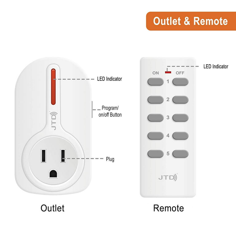 JTD 1 Pack Energy Saving Auto-programmable Wireless Remote Control Electrical Outlet Switch Outlet Plug Switch with Remotes for