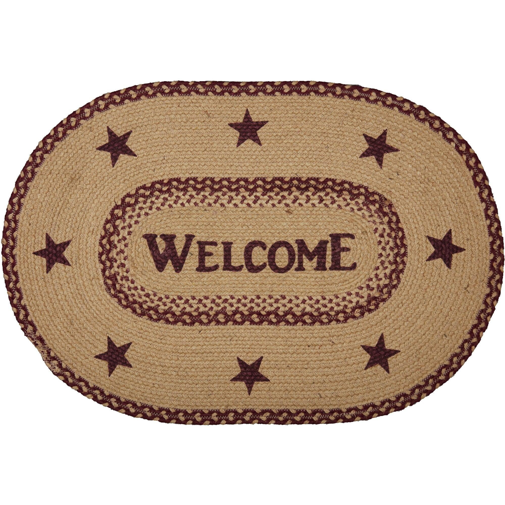 VHC Brands Burgundy Tan Jute Primitive 30"x20" Welcome Accent Rug Red Stenciled Text Oval Floor Decor