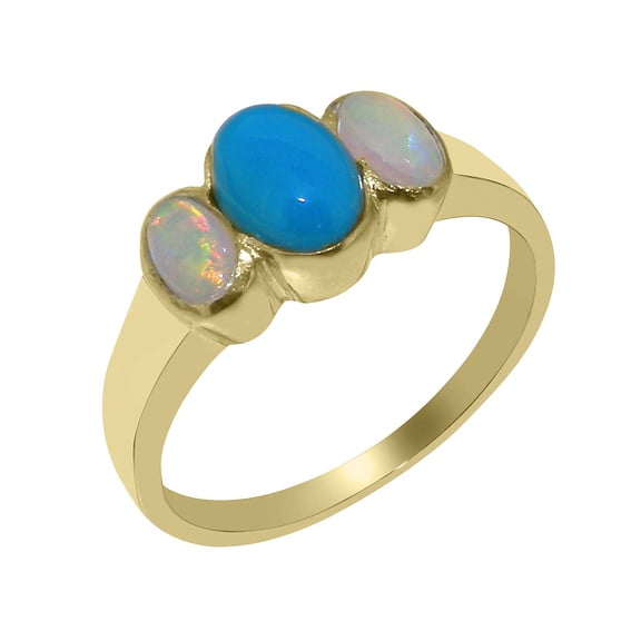 LBG British Made 18k Yellow Gold Natural Turquoise & Opal Womens Anniversary Ring - 33 size options - Size 10