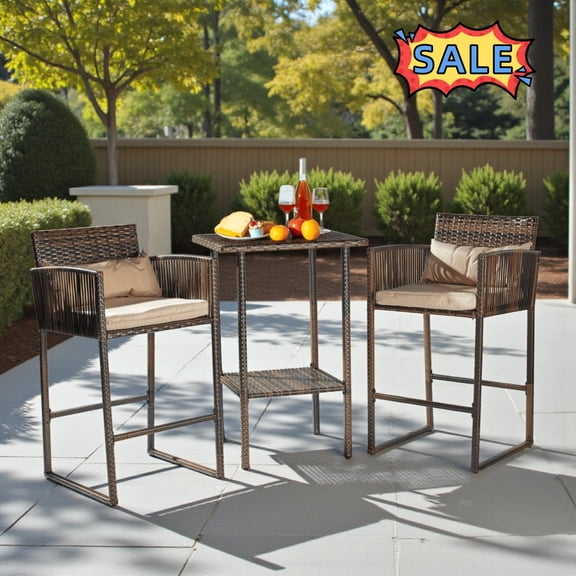 Tcbosik 3 Piece Patio Bar Set, Outdoor Wicker Bistro Table Set, Table with Storage Shelf, 2 Barstools with Cushions and Pillows, for Backyard, Poolside, Porch, Patio, Garden, Brown & Beige