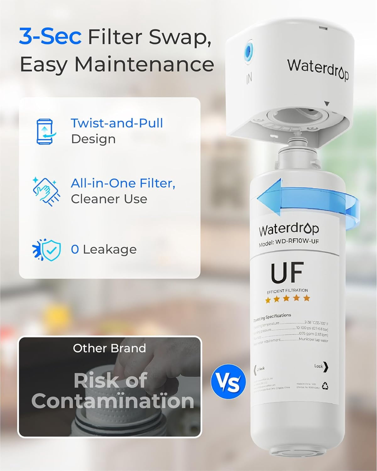 Waterdrop RF10W-UF 0.01 Micron Water Filter, NSF/ANSI 42 Certified, 8K Gallons High Capacity, Replacement for Waterdrop Under Sink Water Filtration System, White