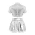 thumbnail image 4 of Aiihoo Kids Girls Jazz Dance Performance Outfit Mock Neck Short Sleeve Sequins Metallic Shirt Crop Top with Shiny Tutu Skirt Streetwear Silver 14, 4 of 6