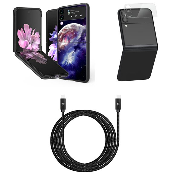 Bemz Premium Bundle for Samsung Galaxy Z Flip 3 5G: Slim Snap-On Protector Case (Nebula Planet), Rear Camera Glass Protector, Nylon Braided USB-C to USB-C Cable (4 Feet)