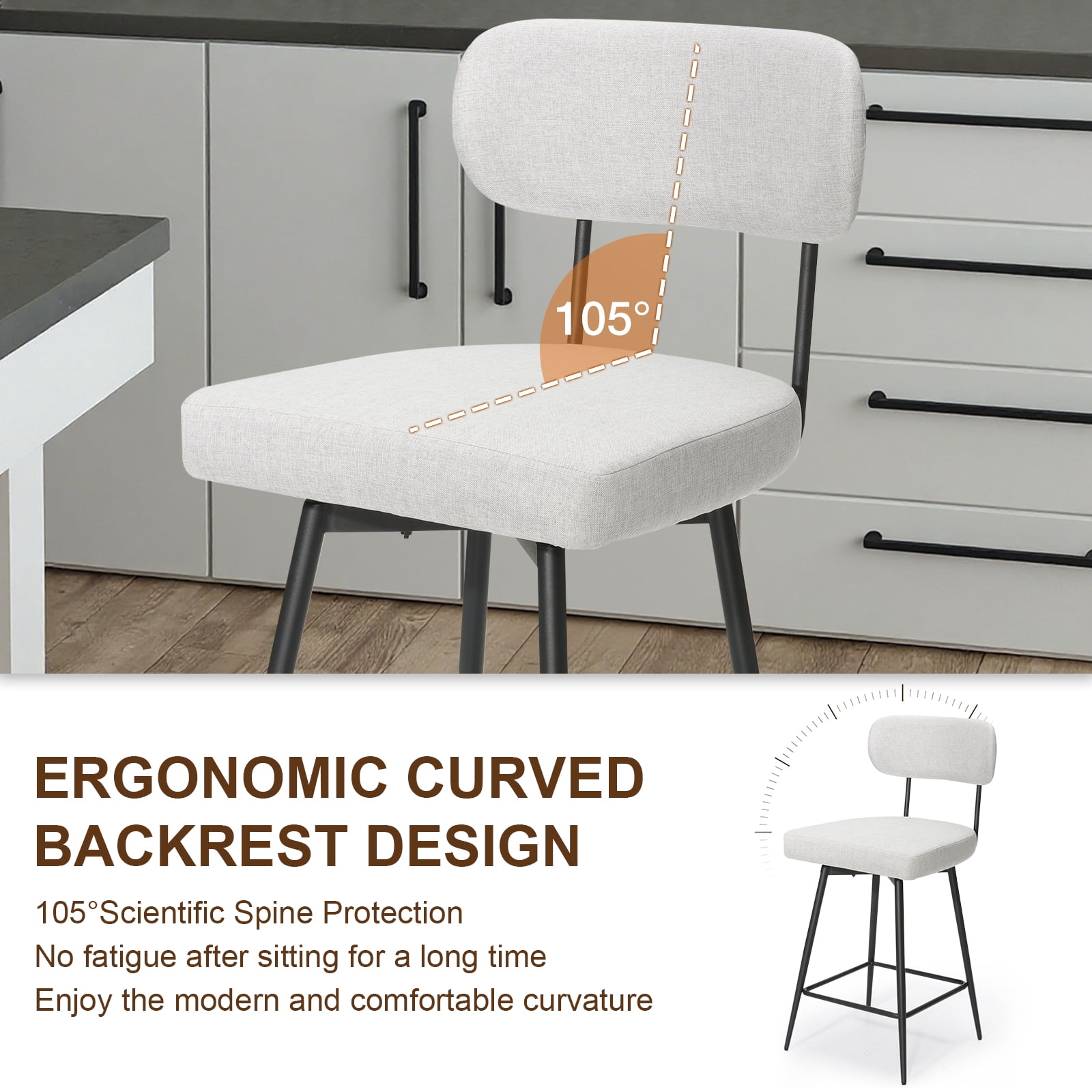 Hommpa Swivel Bar Stools Set of 3 Counter Height Barstools 26" Beige Linen Fabric Upholstered Kitchen Counter Stools with Backs, Metal Legs, Footrest and Wide Seat