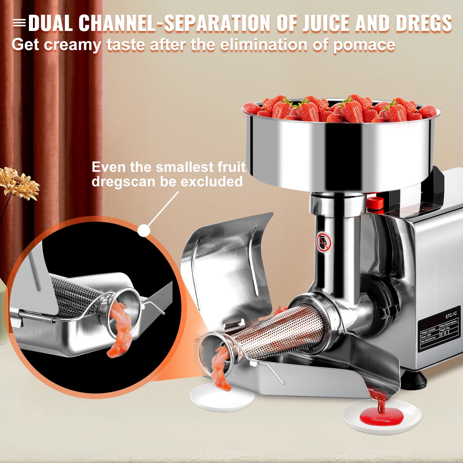 KFFKFF 110V Electric Tomato Processor 370W Industrial Strength Tomato Grinding Machine Tomato Squeezer and Filter 90-160 Kg/H Genuine Copper Engine Food Filter and Sauce Creator