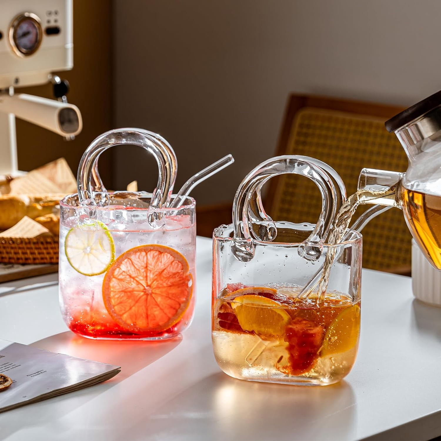 2 Pcs Glass Purse for Drinks, 24oz Unique Funky Thick Wine Glasses Gifts for Women Party, Fish Bowl Vase, Creative Unique Drinking Glass for Fruit Juice, Tea, Flowers