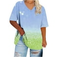 thumbnail image 1 of Tamaño Más Manga Corta Tops para la Impresión de Cuello en V de las Mujeres, Color Sólido Base de Verano Camiseta Casual, 1 of 4