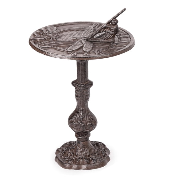 Sungmor Libélula de Hierro Fundido Sundial,10.4 Inch de Diámetro Vintage Sundial Libélula y Loto Decoración,Acabado Marrón Vintage,Reloj Decorativo para Exteriores,Adorno de Jardín Independiente