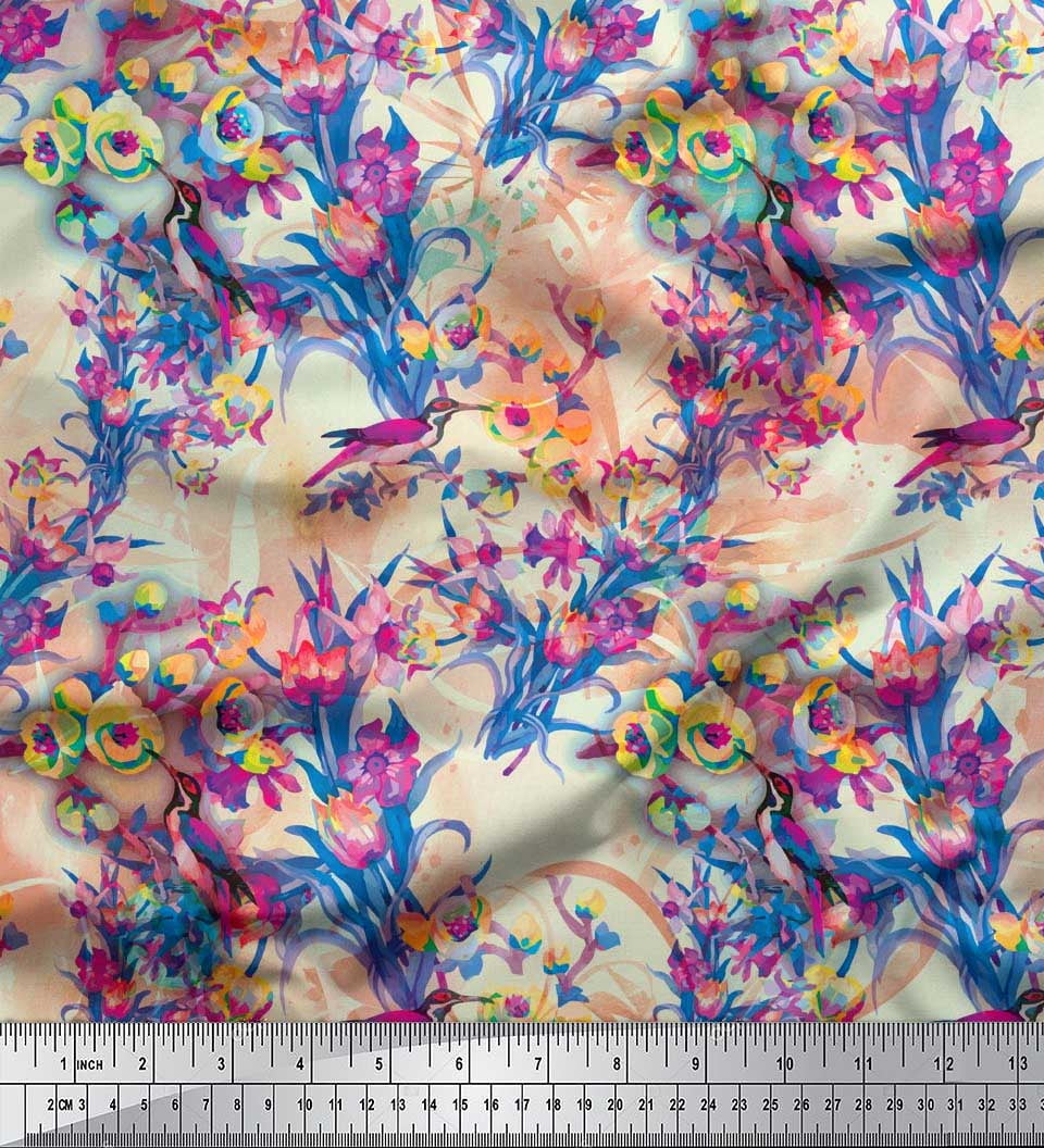 Soimoi Cotton Duck Fabric Floral & Humming Bird Print Fabric by The