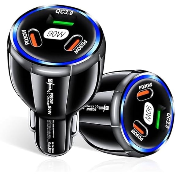 Quyaojz Car Charger Adapter, 3 Port USB-C & USB-A 90W Fast Charger, Car Interior Accessories, Cigarette Lighter Fit for iPhone 17/16/15/14, Samsung Galaxy S25 / S24 iPad, Pixel, Android-Black 2pc