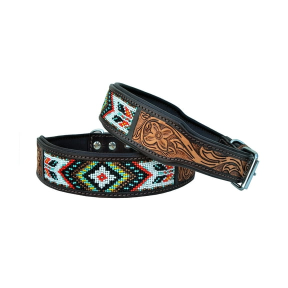 AFFILARE Beaded Leather Dog Collar Western Dog Collar Heavy Duty Tooled Adjustable and Padded 10AB003