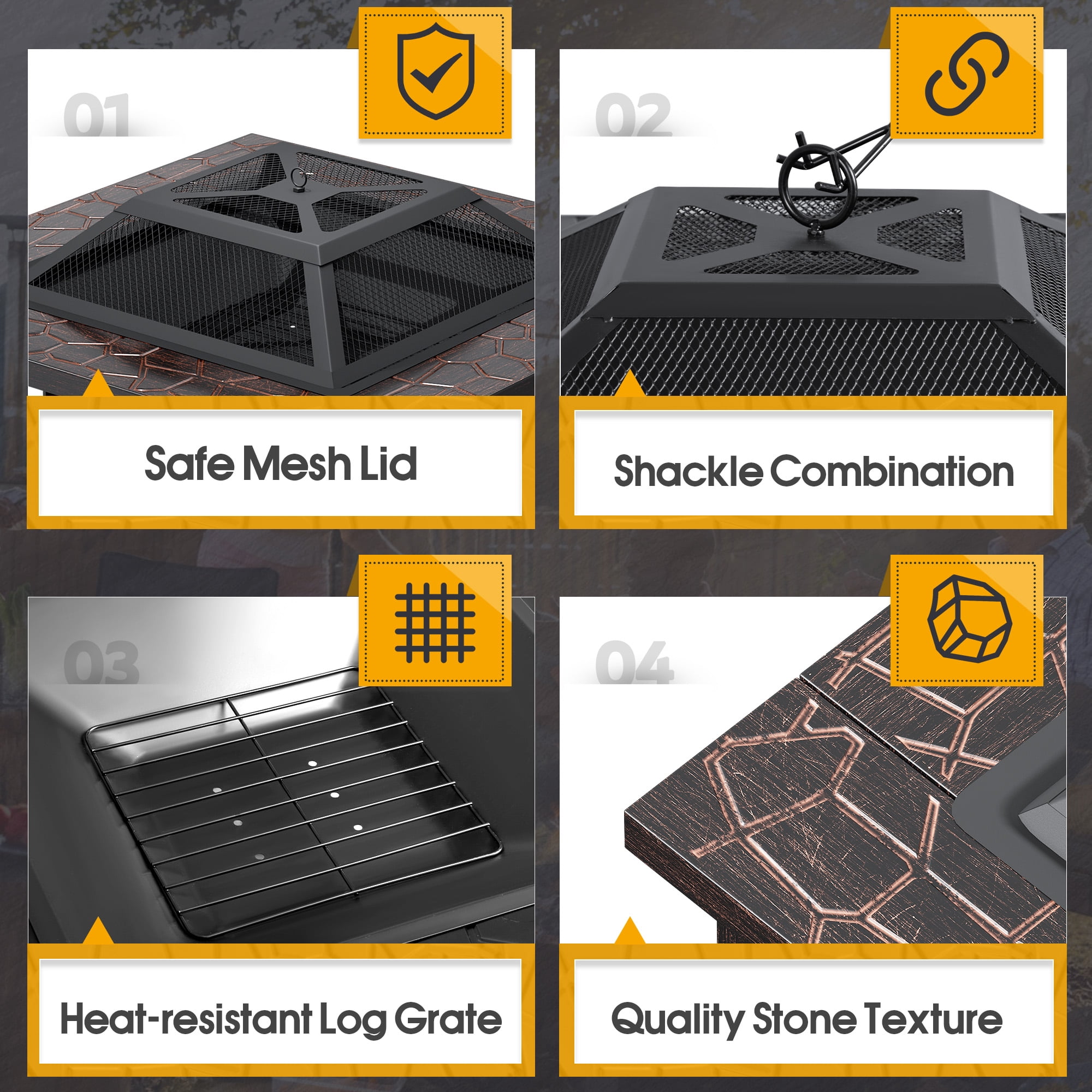 Lacoo 32" Patio Square Fire Pit Table for Patio Backyard BBQ, Ice Storage with Mesh Lid, Poker and Cover, Brown