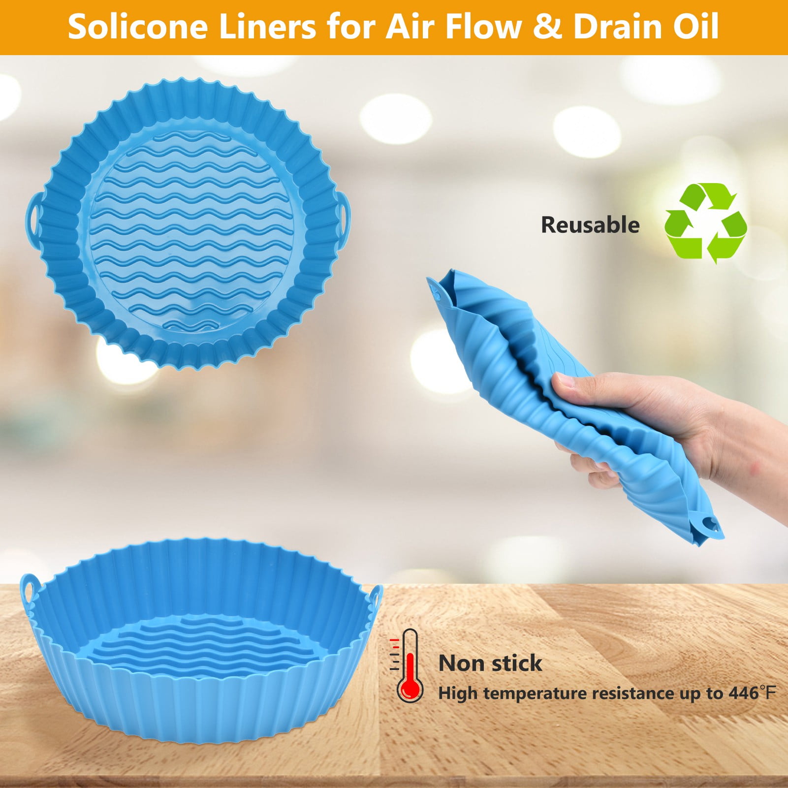 AOWOO 3 Pack Air Fryer Silicone Liners Pot for 3 to 5 QT, Air Fryer Silicone Basket Bowl, Replacement of Flammable Parchment Paper, Reusable Baking Tray Oven Accessories (Top 7.5in, Bottom 6.8in)
