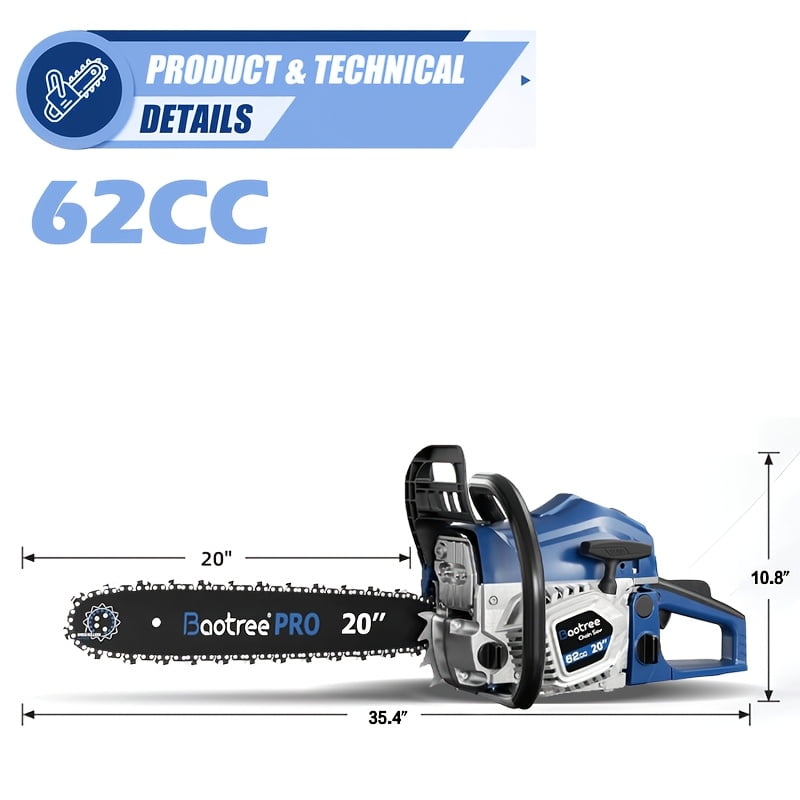 Datingday 62CC Gas Chainsaw, 20 Inch Professional Chainsaw with 2-Stroke Engine, Automatic Chain Brake & Anti-Vibration, Quick Start Technology for Tree Cutting, Logging, Firewood