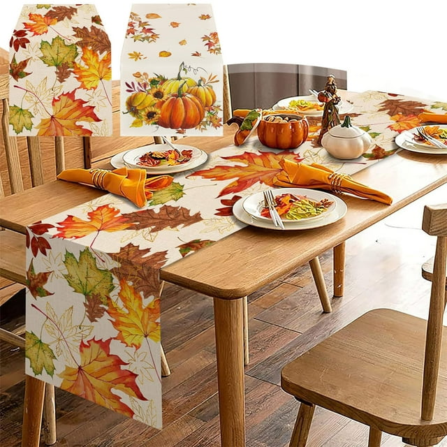 Xihbxyly Bandera de Mesa de Acción de Gracias, Diseño de Calabaza y Hoja de Arce, Cálidos Colores Otoñales, Decoración Navideña Versátil, Ideal para Comedores y Fiestas En Casa, Fácil de Limpiar, Tam