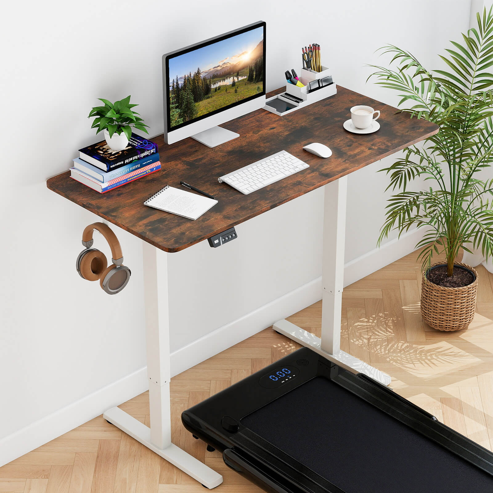 Costway 48” x 24” Electric Standing Desk with LED Display 2 Memory Height Settings for Home Rustic Brown+White