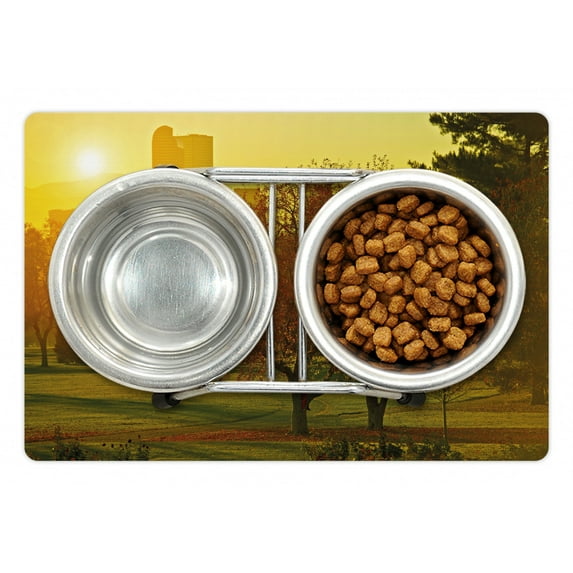 Nature Pet Mat for Food and Water, Sunset over the City Park Colorado Skyline Autumn Theme Scenic Picture, Non-Slip Rubber Mat for Dogs and Cats, 18" X 12", by Ambesonne