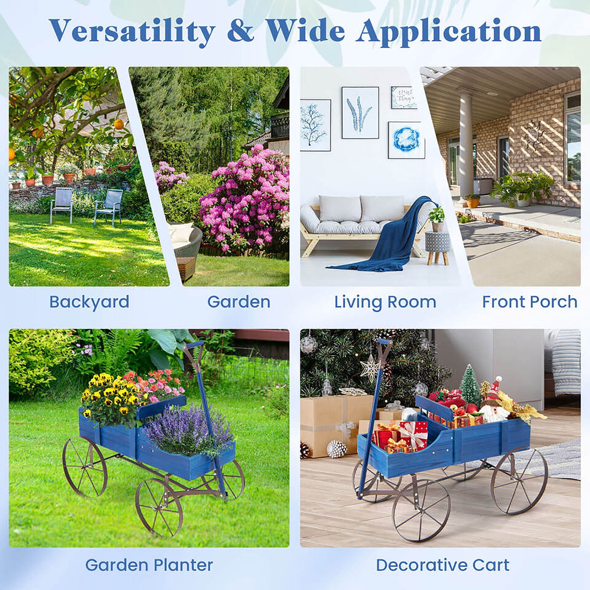 Gymax Wooden Garden Flower Planter Wagon Plant Bed W/ Wheel Garden Yard Blue