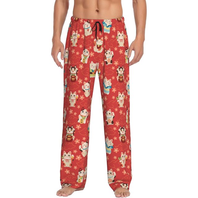 Fotbe Japanese Maneki Cats Pantalones de Pijama para Hombre, Pantalones de Dormir, Pantalones de Casa con Cintura Ajustable y Bolsillos-Medium